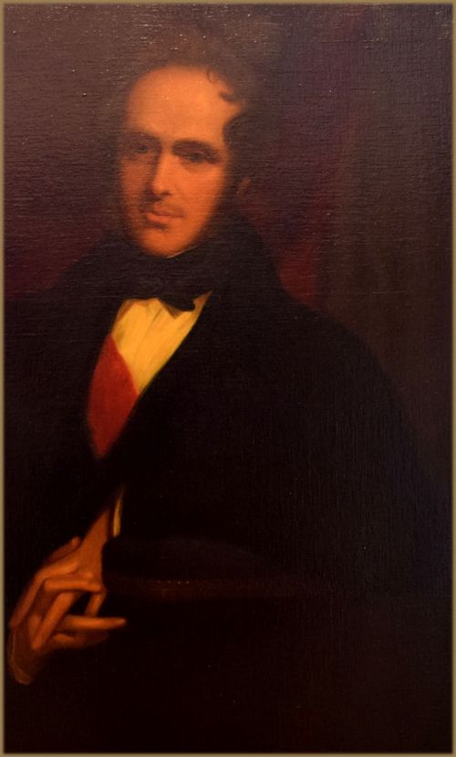 fig 4. A 19th-century oil painting depicting a gentleman in dark attire wearing a red sash and bow tie against a dark background.