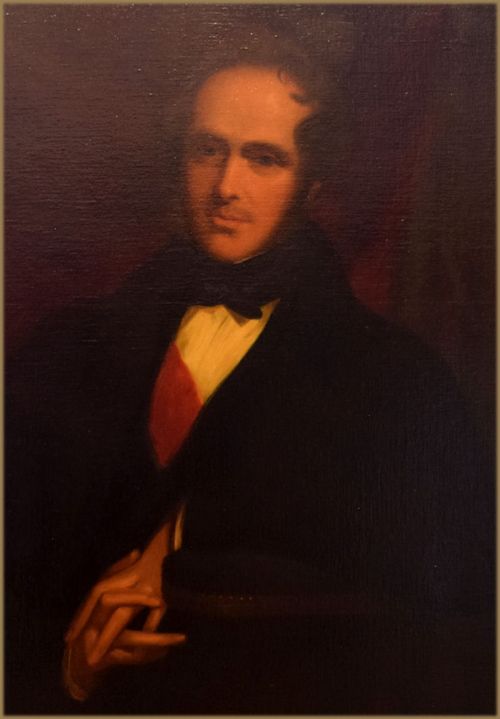 fig 5. A 19th-century oil painting depicting a gentleman in dark attire wearing a red sash and bow tie against a dark background.