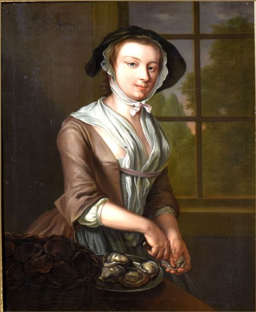 fig 1. An eighteenth-century oil painting depicting a young woman in period attire shucking oysters, housed within an ornate gilded frame.