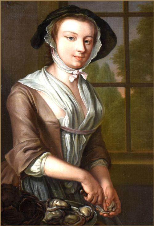 fig 2. An eighteenth-century oil painting depicting a young woman in period attire shucking oysters, housed within an ornate gilded frame.