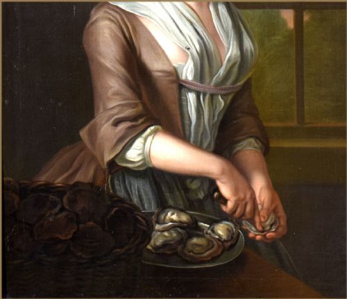 fig 3. An eighteenth-century oil painting depicting a young woman in period attire shucking oysters, housed within an ornate gilded frame.