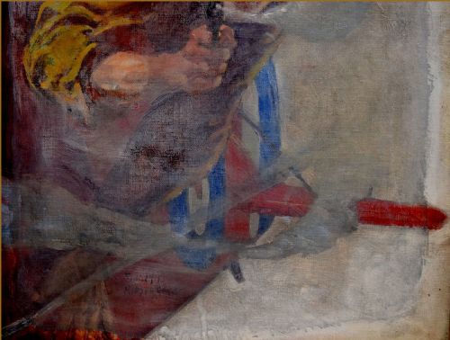 fig 2. An early 20th-century oil painting depicting an aviator leaning from a biplane cockpit firing a pistol, rendered in shades of yellow, grey, and brown.