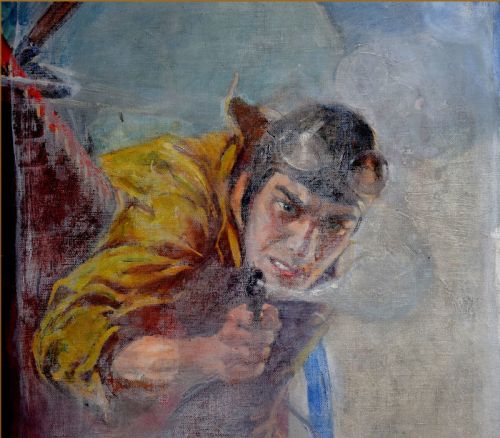 fig 3. An early 20th-century oil painting depicting an aviator leaning from a biplane cockpit firing a pistol, rendered in shades of yellow, grey, and brown.