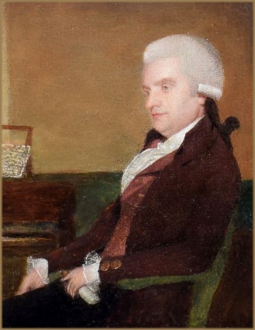 fig 1. An 18th-century Georgian oil painting depicting a gentleman in a brown coat and powdered wig seated opposite a young girl in a white dress at a spinet.