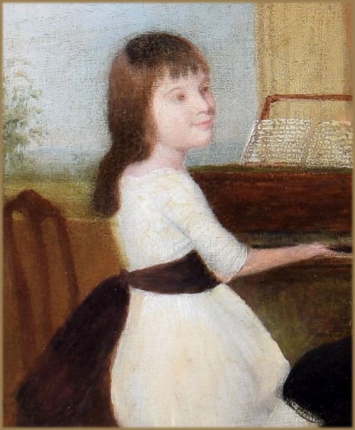 fig 2. An 18th-century Georgian oil painting depicting a gentleman in a brown coat and powdered wig seated opposite a young girl in a white dress at a spinet.