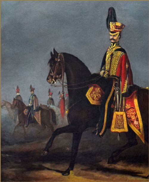 fig 2. A 19th-century oil painting depicting a military officer of the 15th Kings Hussars in red and gold uniform riding a dark brown horse.