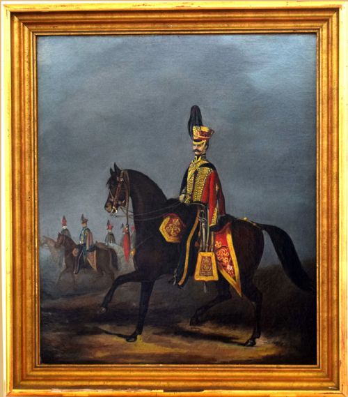 fig 4. A 19th-century oil painting depicting a military officer of the 15th Kings Hussars in red and gold uniform riding a dark brown horse.