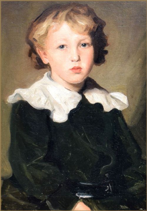 fig 1. An oil portrait painting of a young boy with curly blond hair wearing a wide white collar and dark tunic in a carved wooden frame.