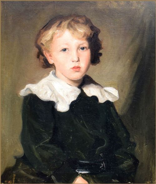 fig 2. An oil portrait painting of a young boy with curly blond hair wearing a wide white collar and dark tunic in a carved wooden frame.