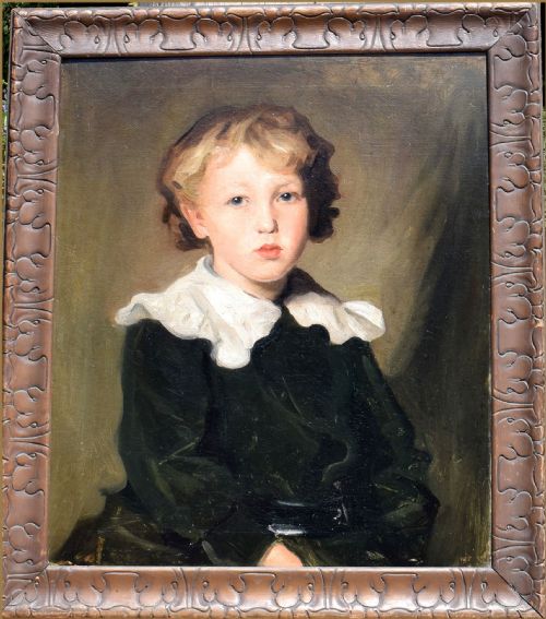 fig 3. An oil portrait painting of a young boy with curly blond hair wearing a wide white collar and dark tunic in a carved wooden frame.
