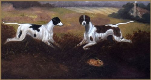 fig 1. An antique oil painting depicting a sportsman in a top hat holding a gun alongside two pointer dogs in an open countryside landscape.