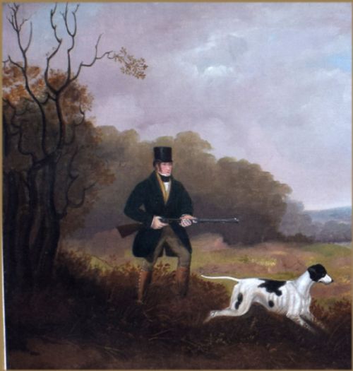 fig 2. An antique oil painting depicting a sportsman in a top hat holding a gun alongside two pointer dogs in an open countryside landscape.