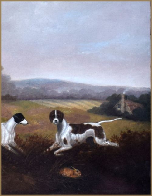 fig 3. An antique oil painting depicting a sportsman in a top hat holding a gun alongside two pointer dogs in an open countryside landscape.