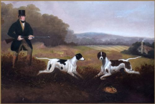 fig 4. An antique oil painting depicting a sportsman in a top hat holding a gun alongside two pointer dogs in an open countryside landscape.
