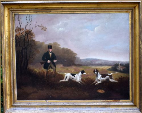 fig 5. An antique oil painting depicting a sportsman in a top hat holding a gun alongside two pointer dogs in an open countryside landscape.