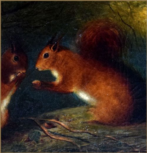 fig 1. A nineteenth-century Victorian oil painting depicting two red squirrels perched on a tree branch against a dark forest backdrop.