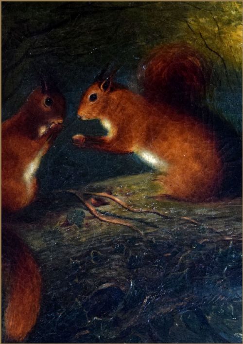 fig 2. A nineteenth-century Victorian oil painting depicting two red squirrels perched on a tree branch against a dark forest backdrop.