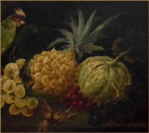 fig 1. An oil painting depicting a green parrot perched near a cluster of fruit including a pineapple, melon, and grapes set against a dark background.