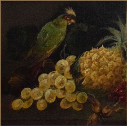 fig 2. An oil painting depicting a green parrot perched near a cluster of fruit including a pineapple, melon, and grapes set against a dark background.