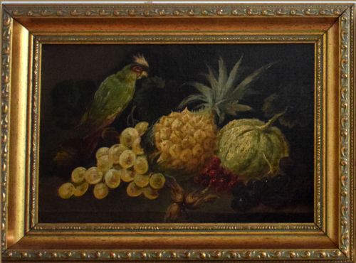 fig 3. An oil painting depicting a green parrot perched near a cluster of fruit including a pineapple, melon, and grapes set against a dark background.