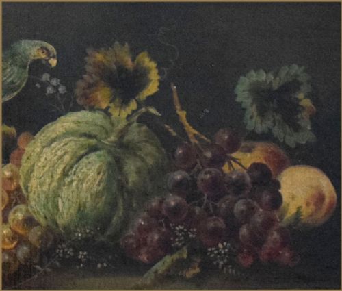 fig 1. A Victorian oil painting depicting a green parrot perched alongside a melon, bunches of purple and yellow grapes, and peaches against a dark background.