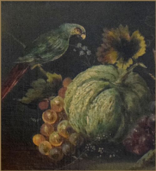 fig 2. A Victorian oil painting depicting a green parrot perched alongside a melon, bunches of purple and yellow grapes, and peaches against a dark background.