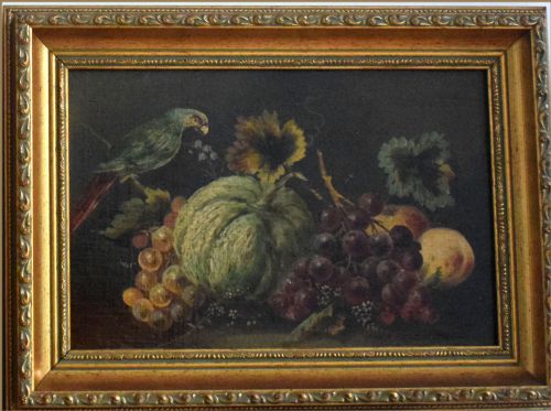 fig 3. A Victorian oil painting depicting a green parrot perched alongside a melon, bunches of purple and yellow grapes, and peaches against a dark background.