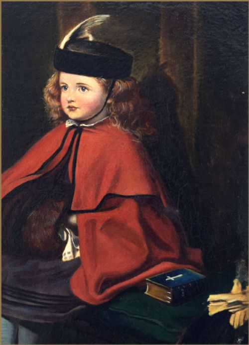 fig 1. A nineteenth-century oil painting on wood panel depicting a young girl wearing a red cloak and black hat seated in a wooden church pew.