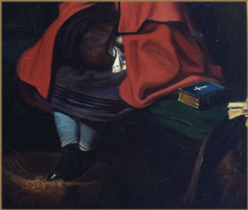 fig 2. A nineteenth-century oil painting on wood panel depicting a young girl wearing a red cloak and black hat seated in a wooden church pew.