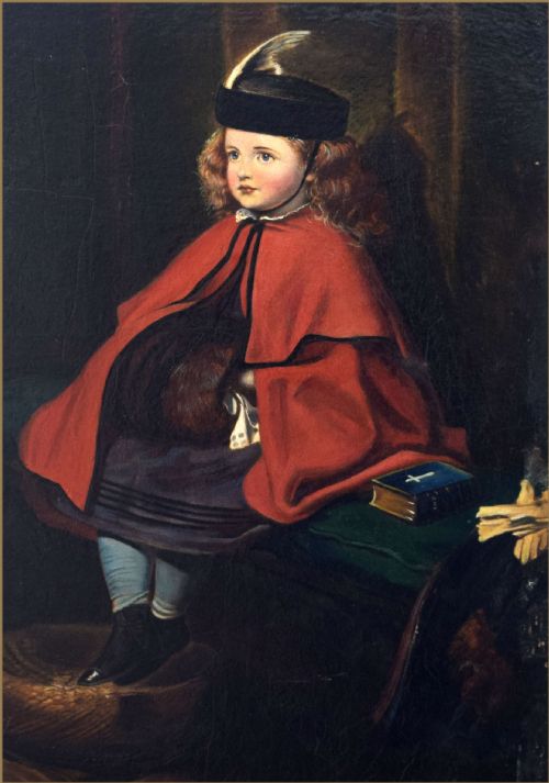 fig 3. A nineteenth-century oil painting on wood panel depicting a young girl wearing a red cloak and black hat seated in a wooden church pew.
