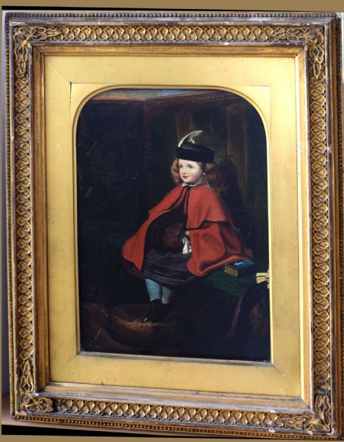 fig 4. A nineteenth-century oil painting on wood panel depicting a young girl wearing a red cloak and black hat seated in a wooden church pew.