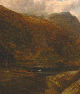 fig 2. A nineteenth-century Victorian oil painting depicting a rugged Scottish mountain landscape in the Trossachs with cloud formations and foreground figures.