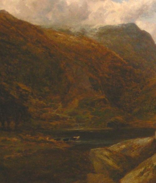 fig 3. A nineteenth-century Victorian oil painting depicting a rugged Scottish mountain landscape in the Trossachs with cloud formations and foreground figures.