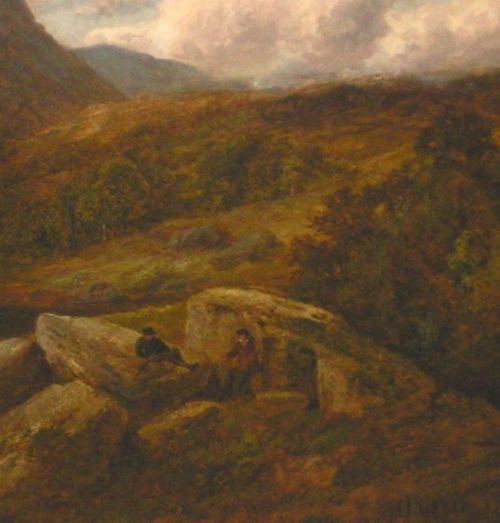 fig 5. A nineteenth-century Victorian oil painting depicting a rugged Scottish mountain landscape in the Trossachs with cloud formations and foreground figures.