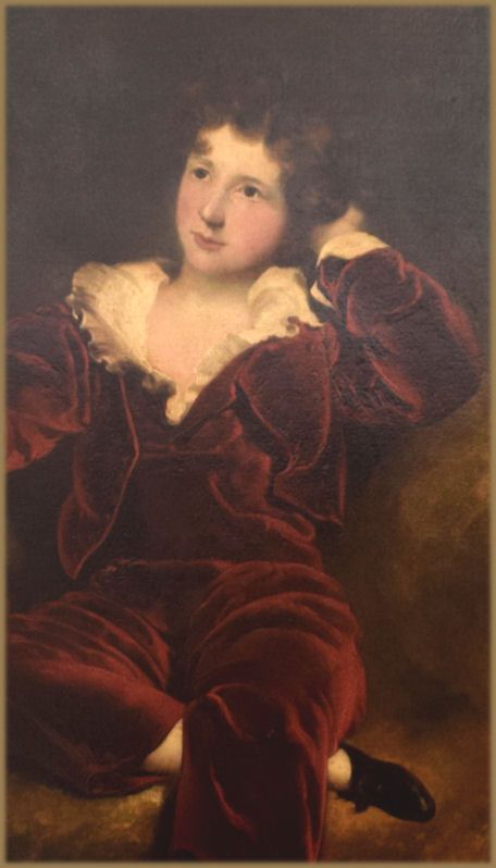 fig 1. An oil painting depicting a young boy in a crimson velvet suit seated thoughtfully on a rock within a darkened natural landscape.