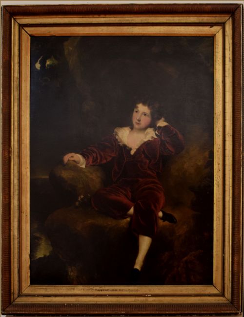 fig 2. An oil painting depicting a young boy in a crimson velvet suit seated thoughtfully on a rock within a darkened natural landscape.