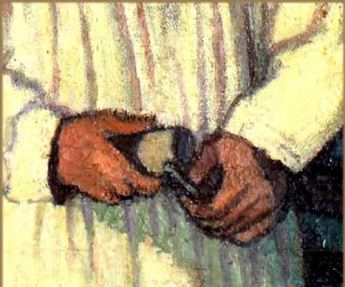 fig 1. An oil portrait painting depicting artist Eric Gill wearing a tunic and cap while holding tools inside a studio setting.