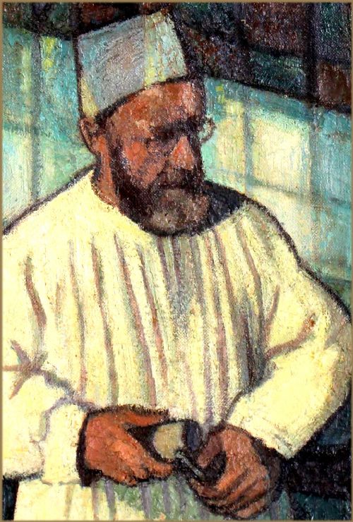 fig 2. An oil portrait painting depicting artist Eric Gill wearing a tunic and cap while holding tools inside a studio setting.