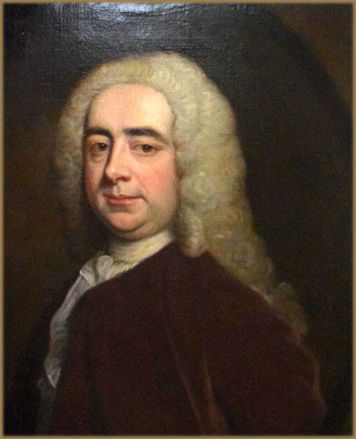 fig 1. An 18th-century oil painting on canvas showing a gentleman in a powdered wig and dark velvet coat within a feigned oval frame.