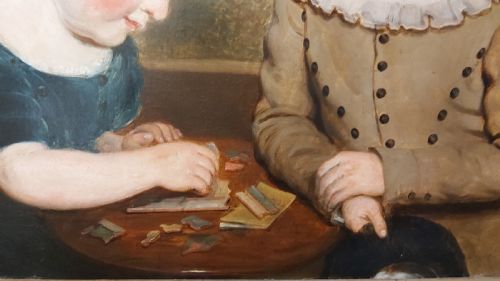 JOHN RUSSELL RA 17451806PORTRAIT OF A YOUNG BOY WITH A MAP JIGSAW PUZZLE HIS BROTHER SEATED AT A TABLE - ADDITIONAL PHOTO 7