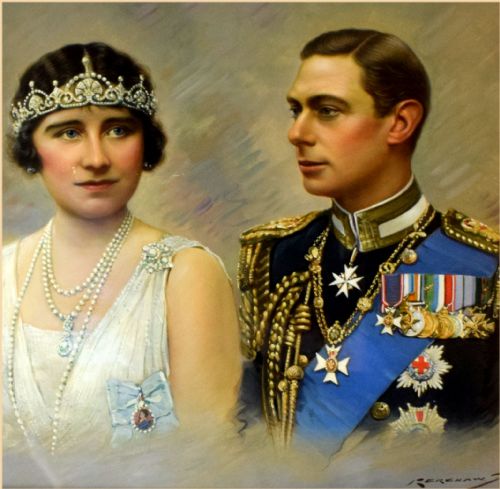 fig 1. An oil portrait painting depicting King George VI in military regalia alongside Queen Elizabeth wearing a tiara and pearl necklaces.