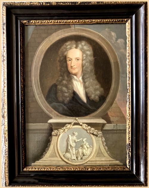 fig 1. An oil painting depicting a portrait of Sir Isaac Newton framed inside a simulated stone oval cartouche above a bas-relief pedestal.