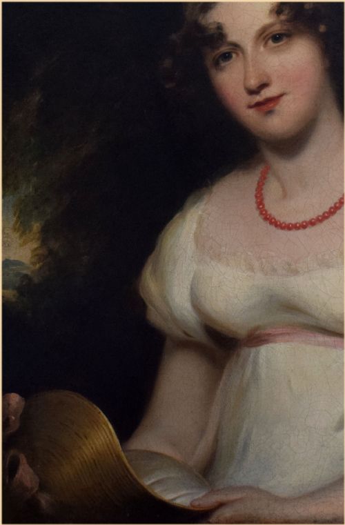 WILLIAM OWEN RA 17691825PORTRAIT OF A YOUNG LADY SEATED IN A LANDSCAPE IN A WHITE DRESS AND CORAL NECKLACE HOLDING HER HAT - ADDITIONAL PHOTO 1