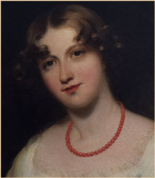 WILLIAM OWEN RA 17691825PORTRAIT OF A YOUNG LADY SEATED IN A LANDSCAPE IN A WHITE DRESS AND CORAL NECKLACE HOLDING HER HAT - ADDITIONAL PHOTO 2