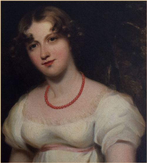 WILLIAM OWEN RA 17691825PORTRAIT OF A YOUNG LADY SEATED IN A LANDSCAPE IN A WHITE DRESS AND CORAL NECKLACE HOLDING HER HAT - ADDITIONAL PHOTO 4