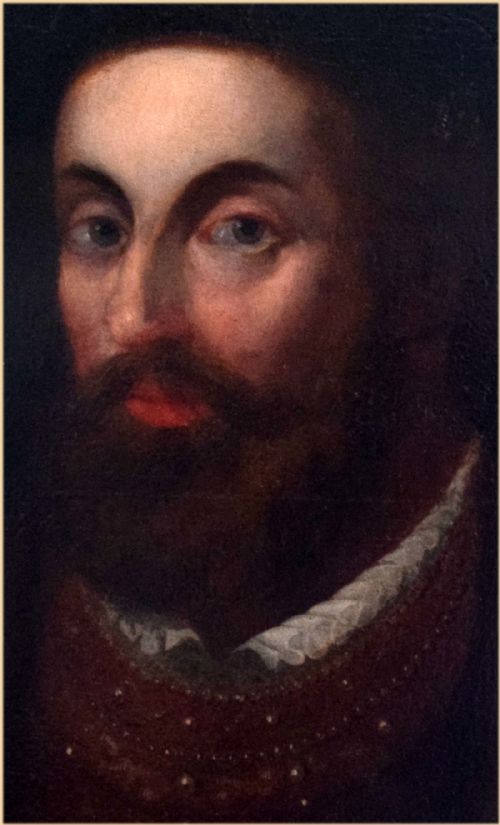 fig 1. An eighteenth-century oil painting on canvas depicting a bearded man in historical garments against a dark background with top inscribed lettering.