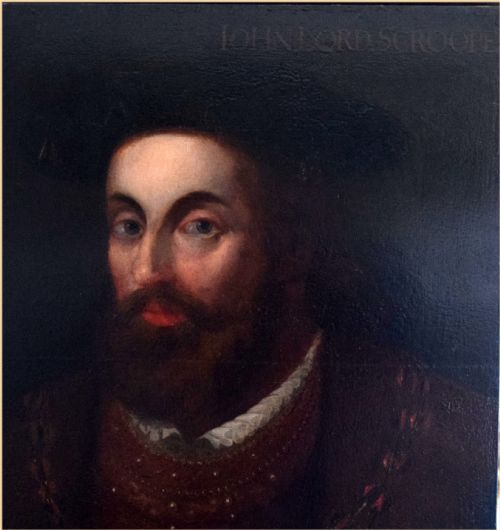 fig 4. An eighteenth-century oil painting on canvas depicting a bearded man in historical garments against a dark background with top inscribed lettering.