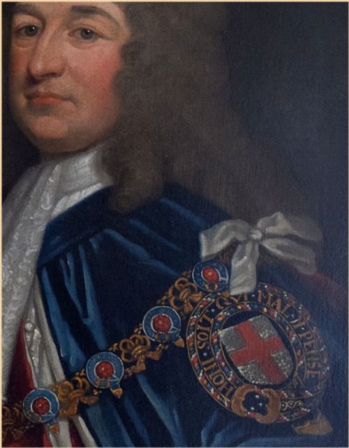 fig 1. An oil portrait on canvas depicting a gentleman in a periwig wearing blue and red ceremonial Garter robes with an embroidered collar.