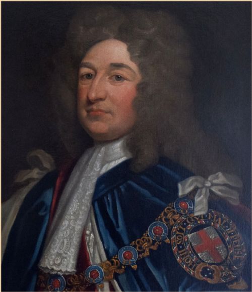 fig 2. An oil portrait on canvas depicting a gentleman in a periwig wearing blue and red ceremonial Garter robes with an embroidered collar.