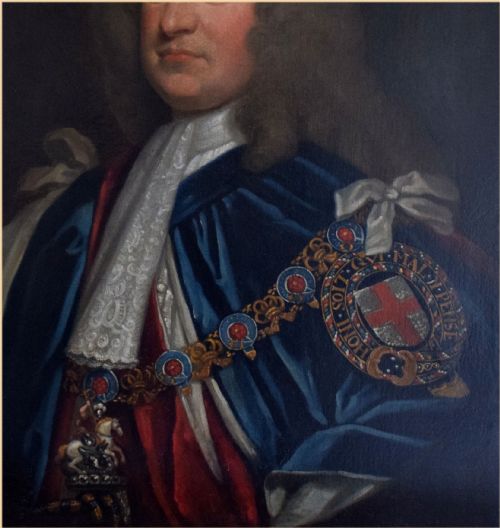fig 3. An oil portrait on canvas depicting a gentleman in a periwig wearing blue and red ceremonial Garter robes with an embroidered collar.